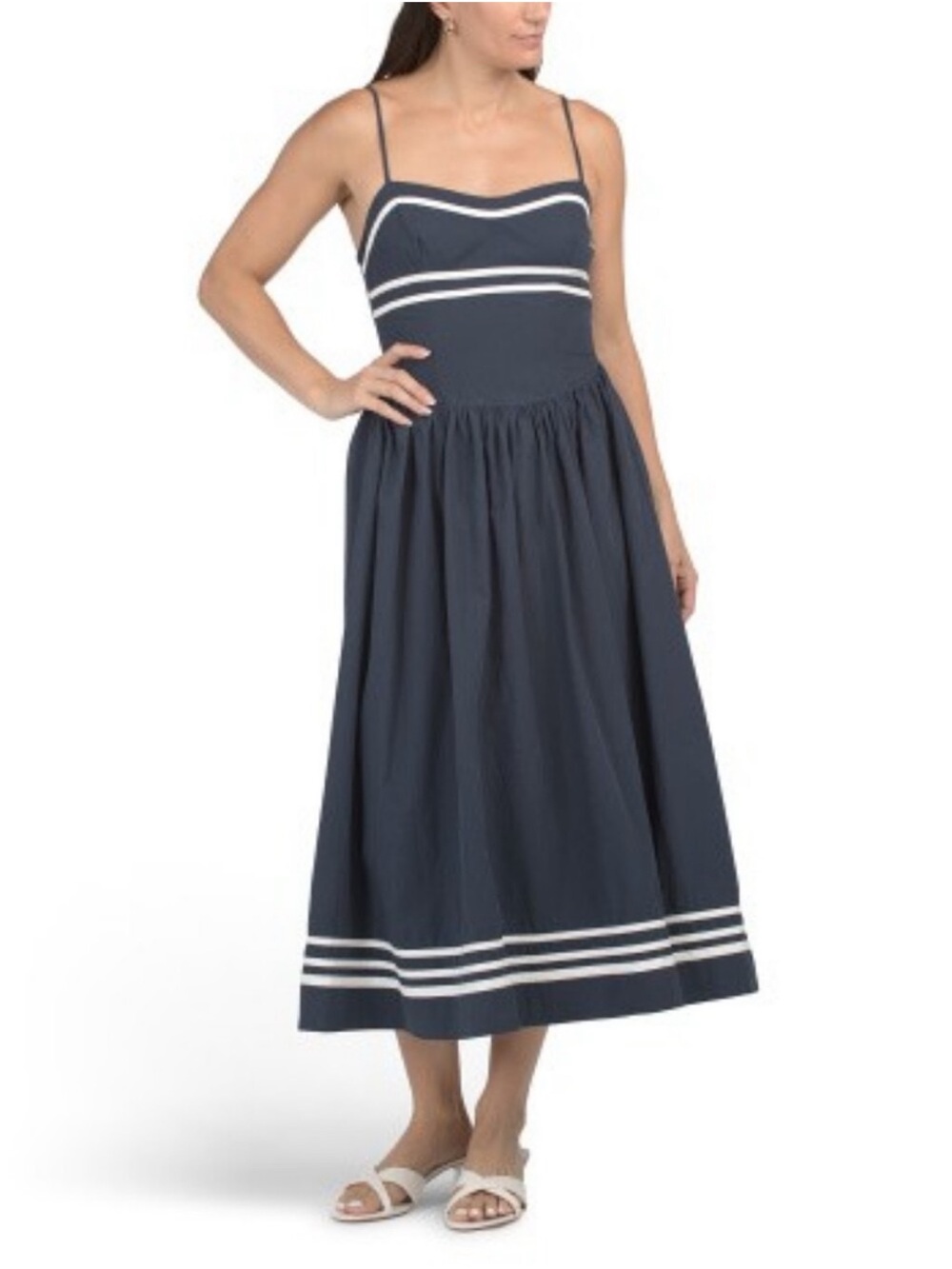 Moon River Navy Striped Sleeveless Flared Midi Dress size XS ( White Lotus Piper - Picture 3 of 5